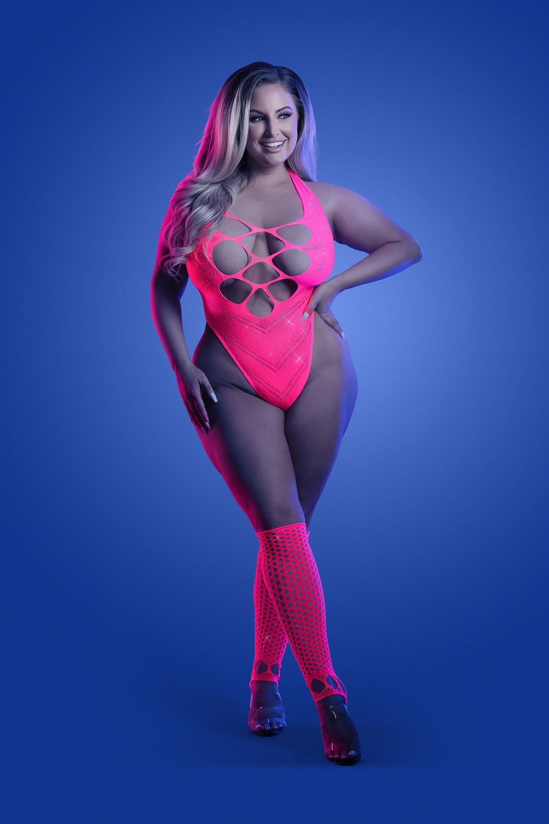 Q/S Flashback Neon Pink Seamless Rhinestone Teddy & Gloves