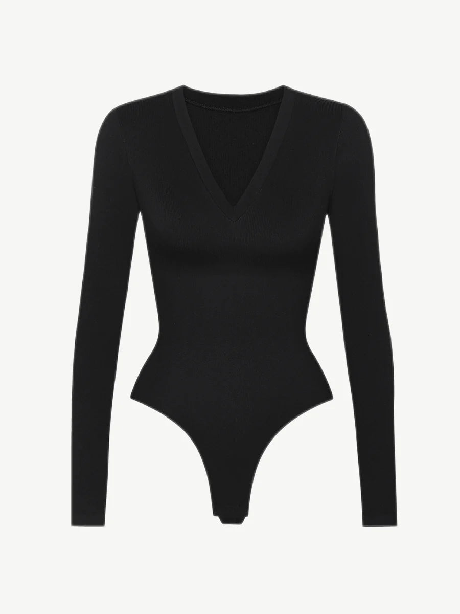 Long Sleeves V-Neck Long Thong Bodysuit