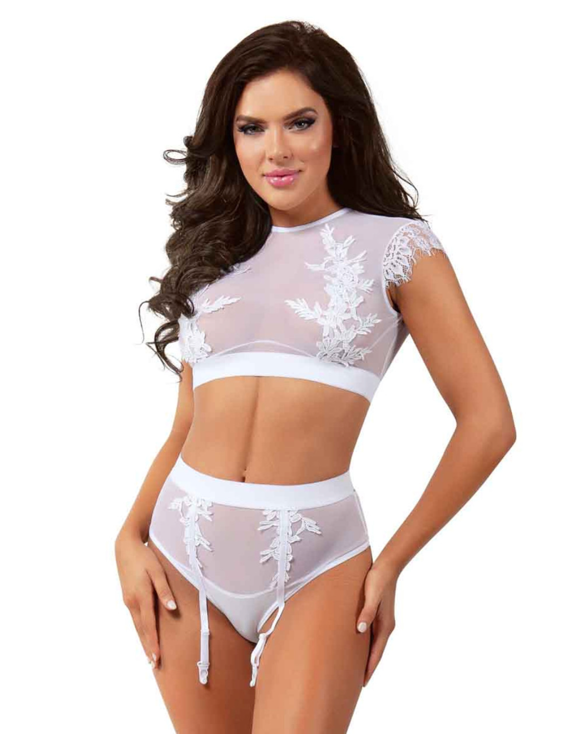 Lace And Mesh Top With High Waist Bottom