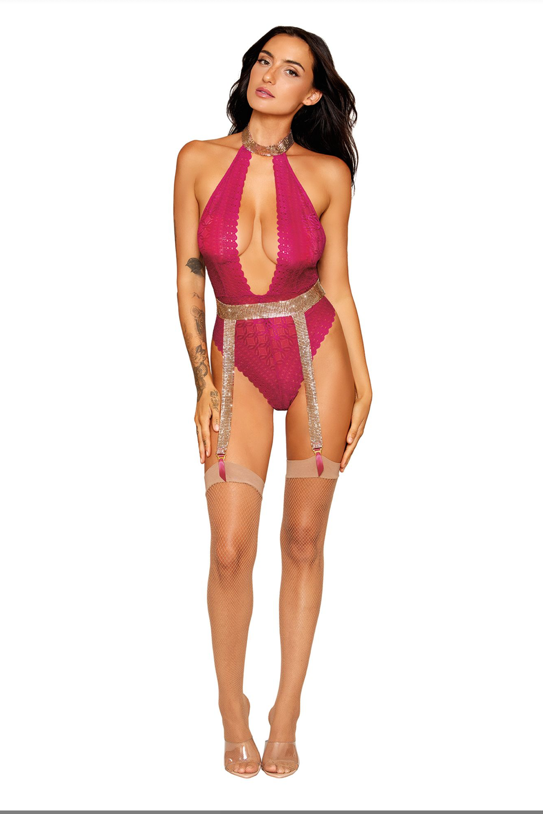 Stretch Lace Halter Teddy and Separate Chainmail Garter Belt