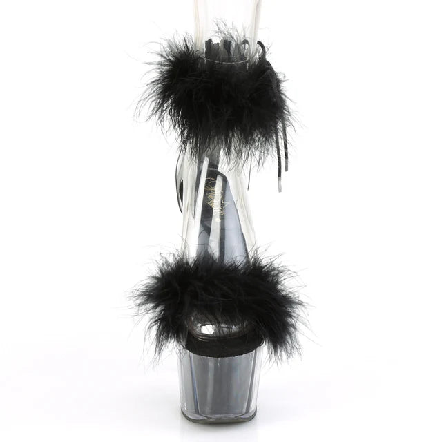 Close Back Ankle Cuff Sandal Side Lacing Featuring Marabou Fur on Vamp and in the Platform Bottom Back Zip Closure