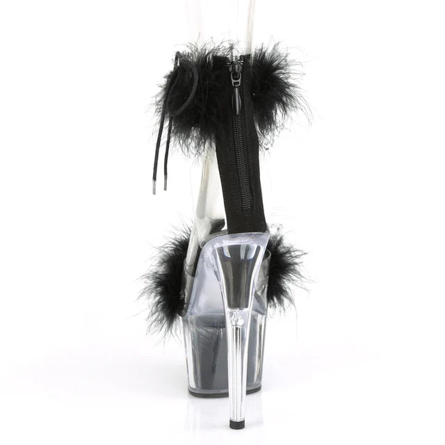 Close Back Ankle Cuff Sandal Side Lacing Featuring Marabou Fur on Vamp and in the Platform Bottom Back Zip Closure