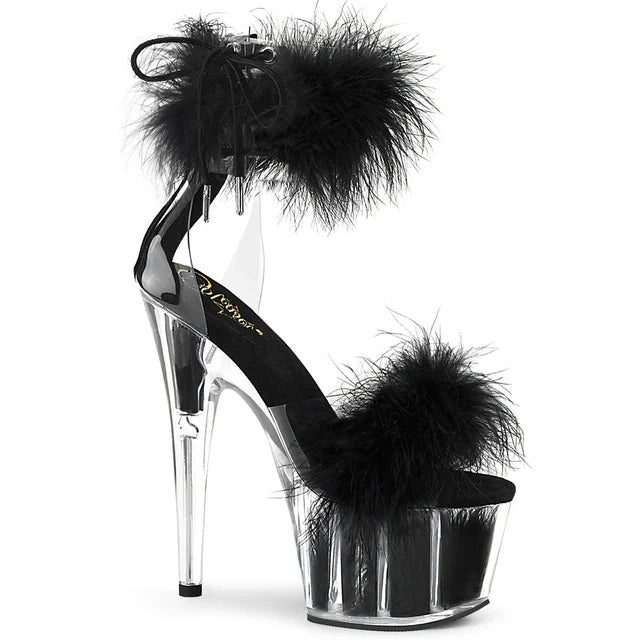 Close Back Ankle Cuff Sandal Side Lacing Featuring Marabou Fur on Vamp and in the Platform Bottom Back Zip Closure