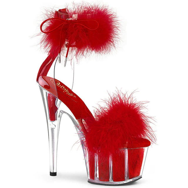 Close Back Ankle Cuff Sandal Side Lacing Featuring Marabou Fur on Vamp and in the Platform Bottom Back Zip Closure
