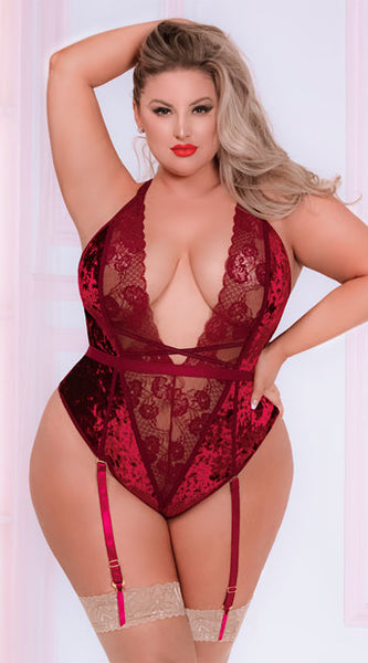 PLUS SIZE BURGUNDY BLOSSOM CRUSHED VELVET TEDDY