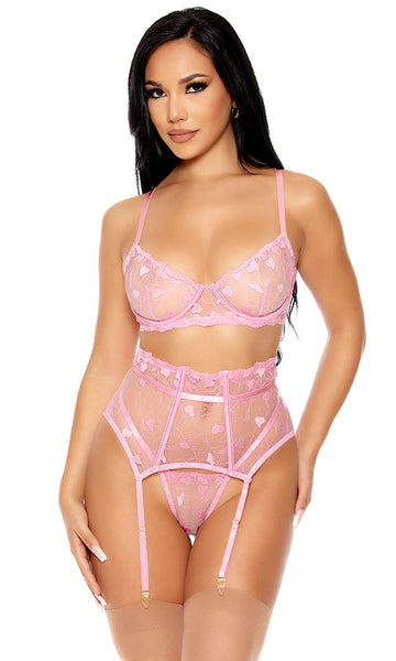 Heart You Embroidered Bra and Waist Cincher Pink Set