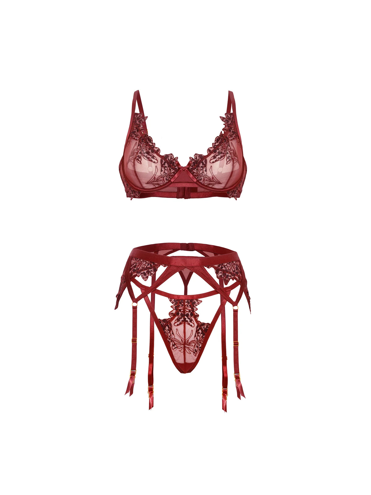 Nina Wax Coated Embroidery Bra, Garterbelt & G-String Set