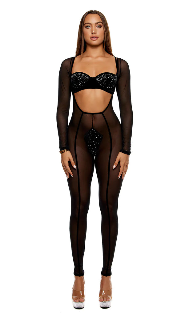 Caught Your Eye Velvet Rhinestone Jumpsuit Lingerie Set