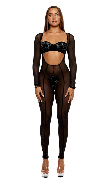 Caught Your Eye Velvet Rhinestone Jumpsuit Lingerie Set