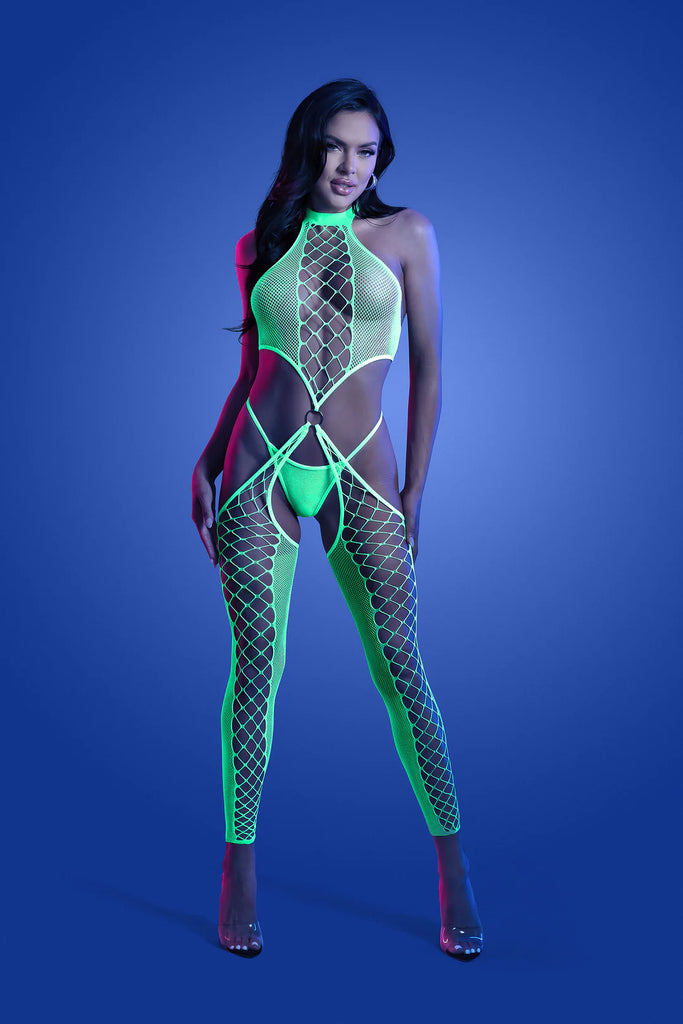 O/S Neon Green High Voltage High Neck Bodystocking & G string Panty