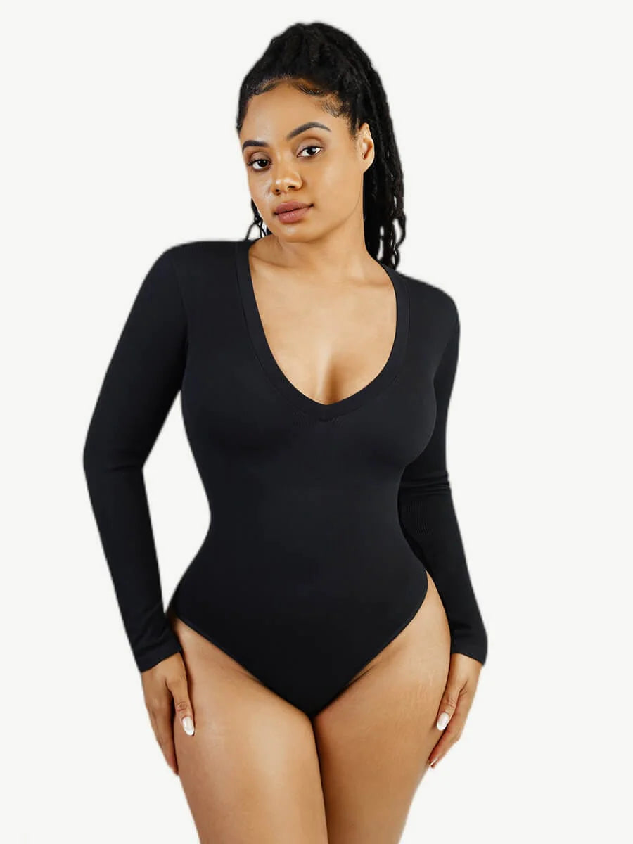 Long Sleeves V-Neck Long Thong Bodysuit