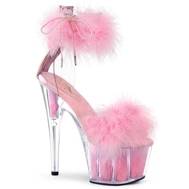 Close Back Ankle Cuff Sandal Side Lacing Featuring Marabou Fur on Vamp and in the Platform Bottom Back Zip Closure