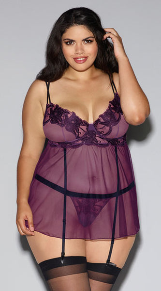 PLUS SIZE EMBROIDERED PLUM BABYDOLL SET