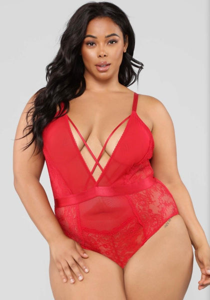 PLUS SIZE VIVIANE PLUNGING MESH AND LACE TEDDY